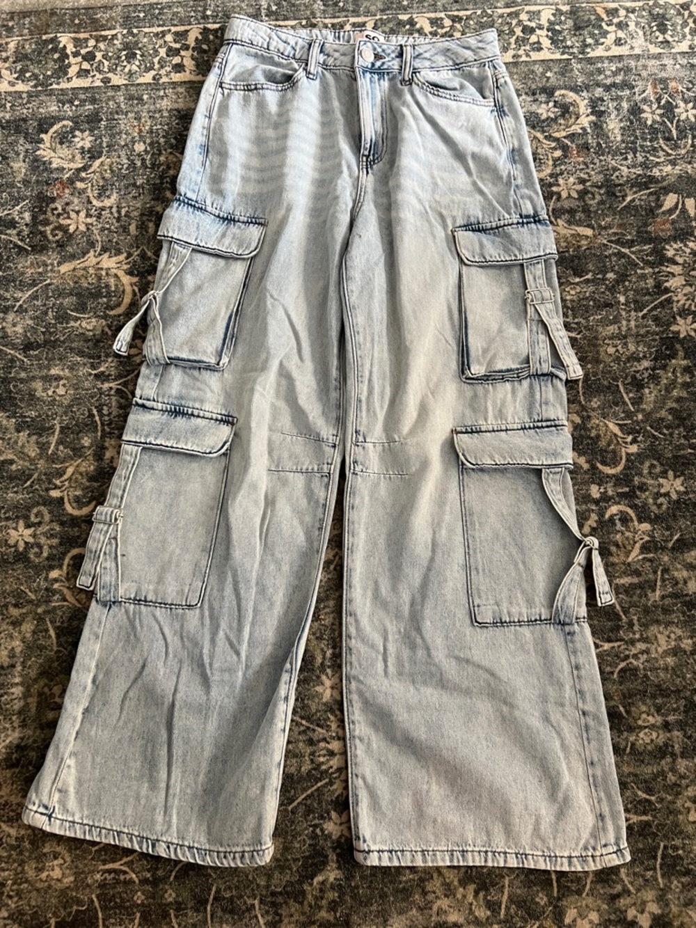 SO Light Wash Denim Wide Leg Cargo Jeans